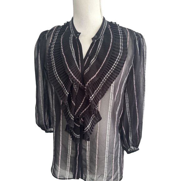 WHITE HOUSE BLACK MARKET WHBM Black White Striped Sheer Ruffle Blouse Size S - Picture 7 of 9